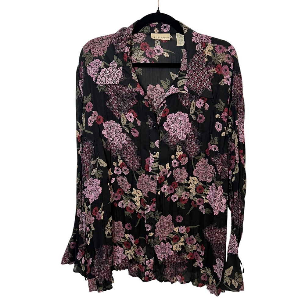 Y2K Floral Pleated Whimsigoth Button Up Dark Romantic‎ Flare Sleeve 20/22 Plus